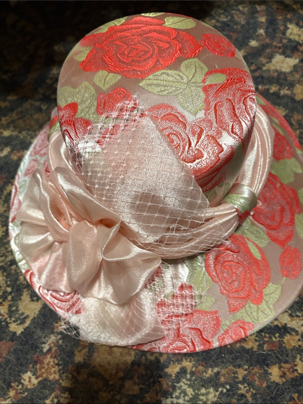 Clara Sun Woo Pink Satin Floral Dress Hat with Veil Accent